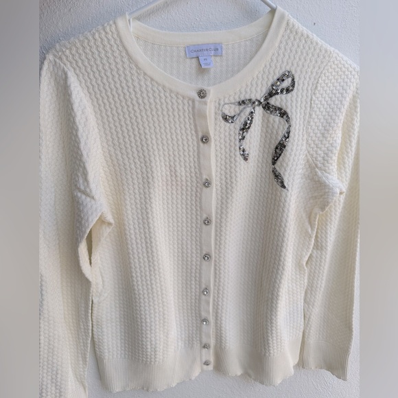 Charter Club White-Cream Cardigan with Textured Knit and Bow (NEW)! Never Used - Picture 1 of 1